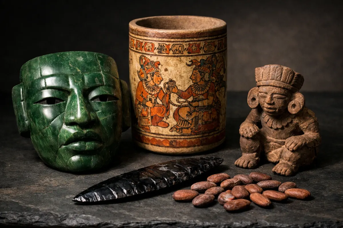Jade, obsidian, painted pottery and cacao beans from Mesoamerica