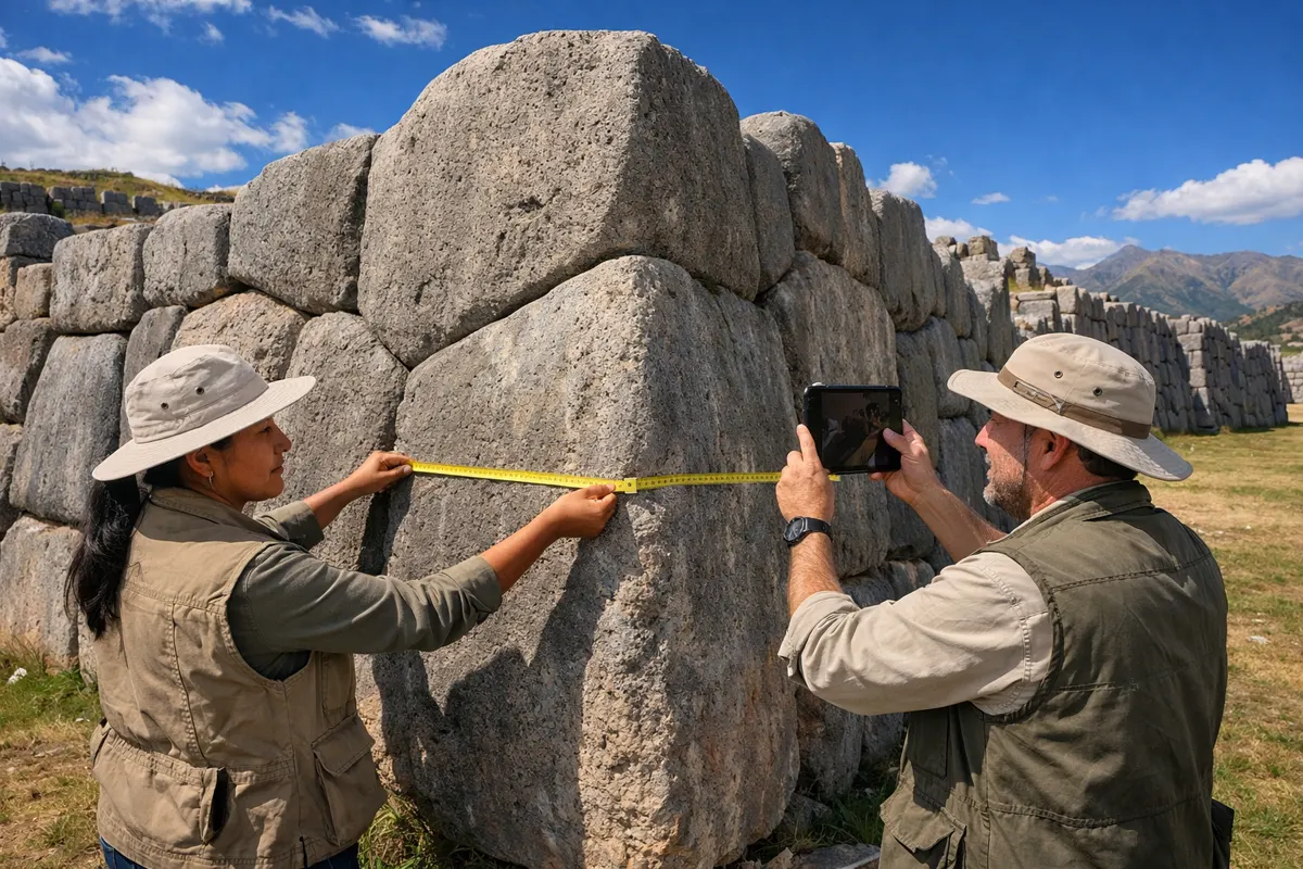 Archaeologists measuring the fitted stone walls of Sacsayhuamán