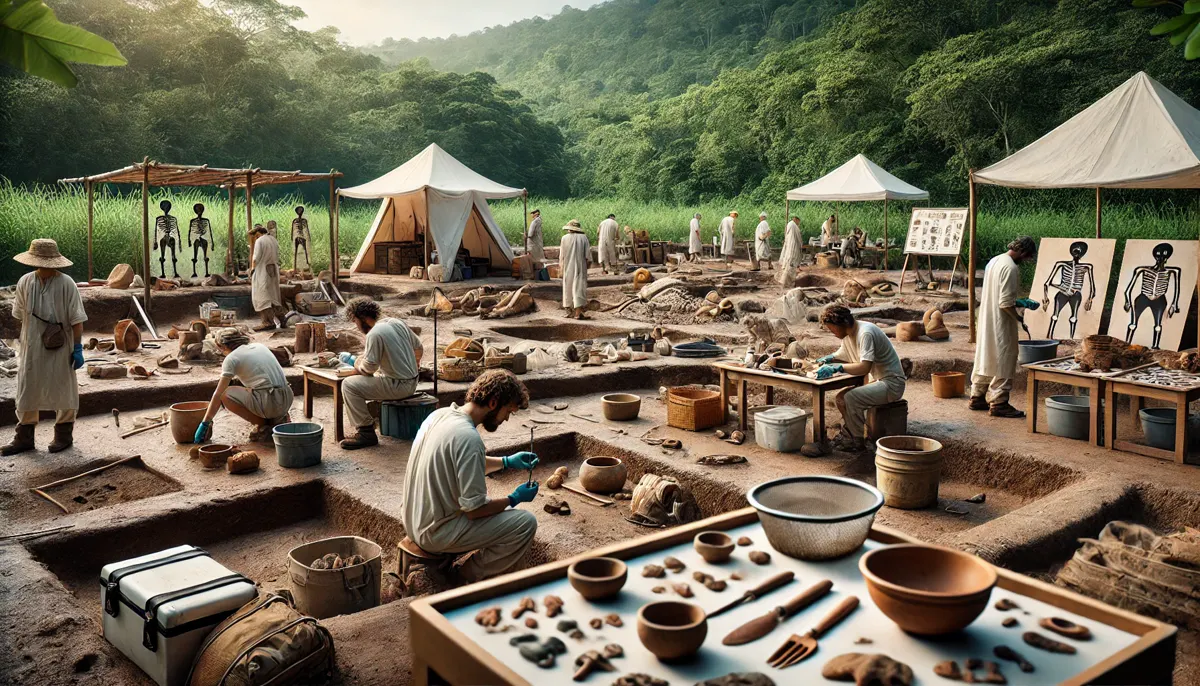 Archaeologists recovering pottery and burials at a Taíno site