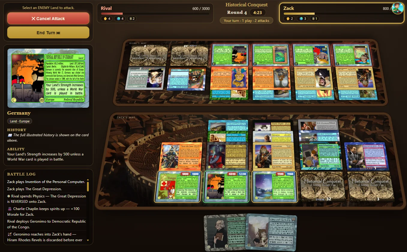 The Historical Conquest digital game mid-battle: two players' mats, cards in play and the battle log