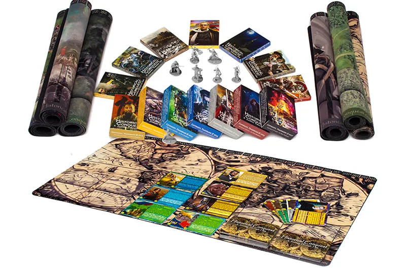 The full Historical Conquest range — starter decks, expansion packs, play mats and books