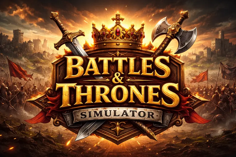 Battles and Thrones Simulator title art: a crowned shield with crossed sword and axe over a battlefield