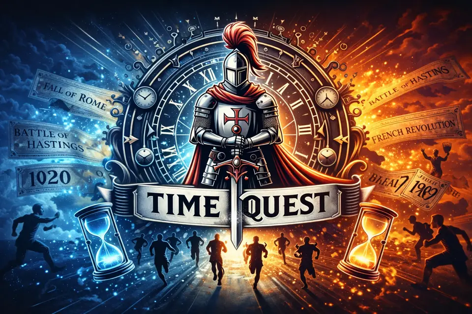 Time Quest title art: a knight before a giant clock between two hourglasses